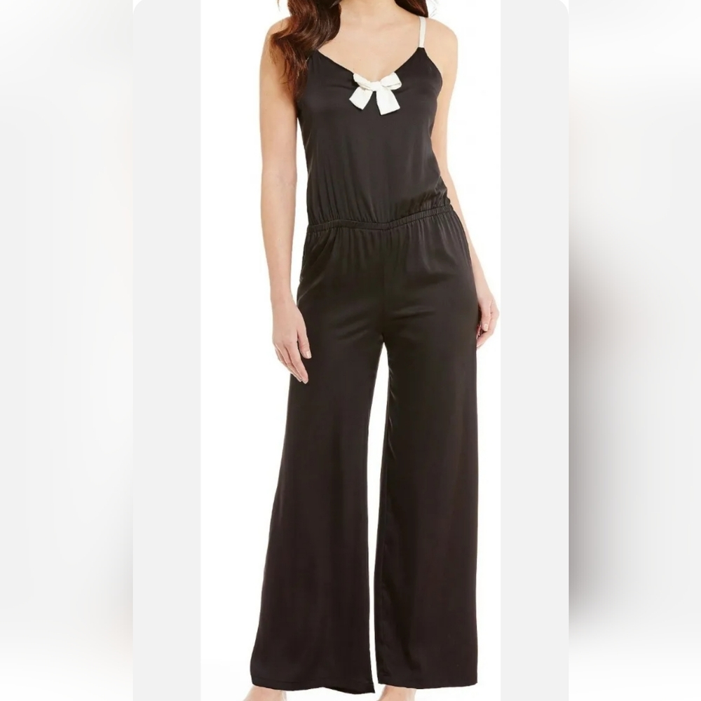 Kate Spade New York Black with White Bow Satin Lounge Jumpsuit X-Large.